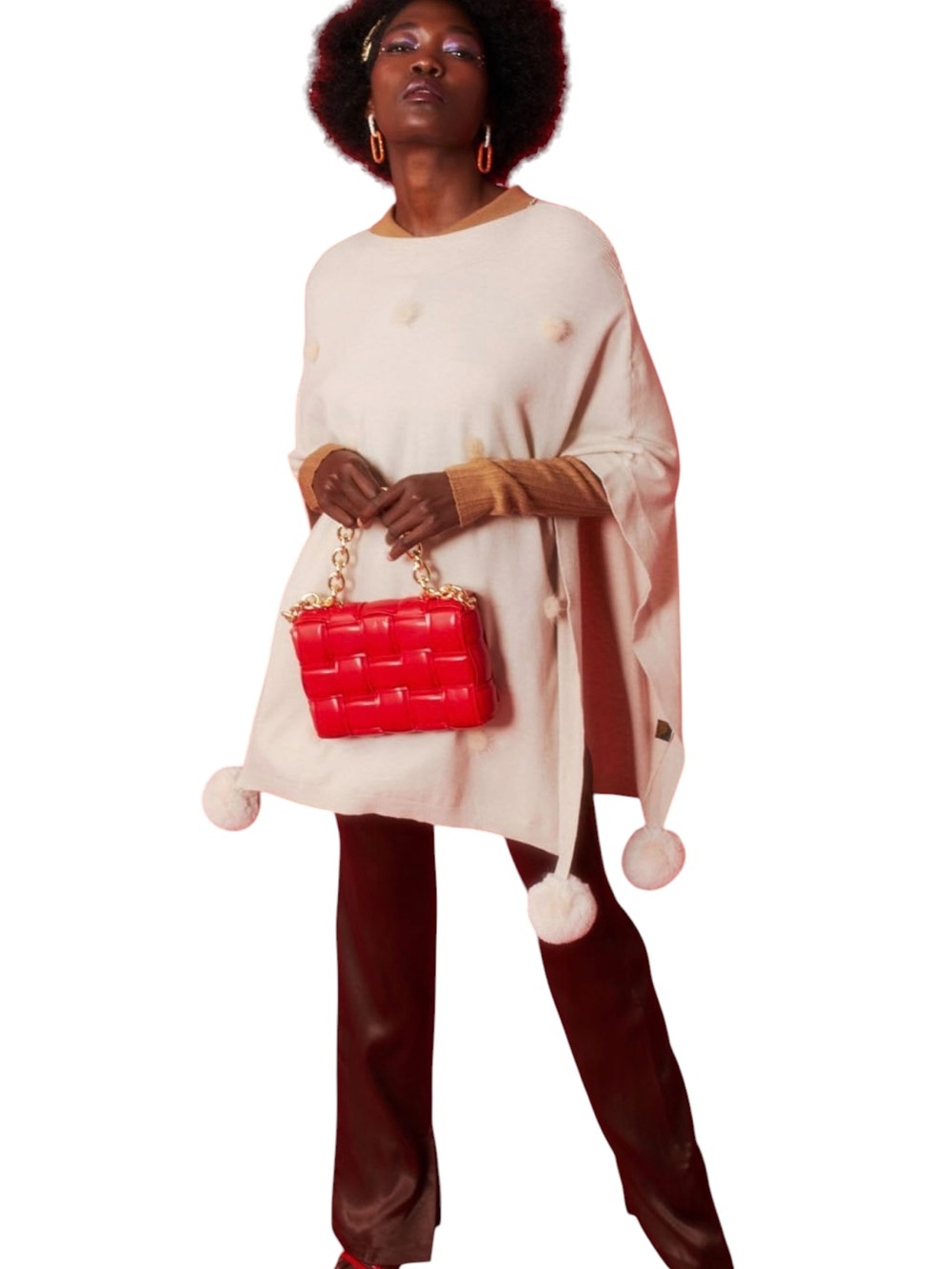 NWT Jayley ivory wool blend knit faux fur Pom-Pom Poncho one size